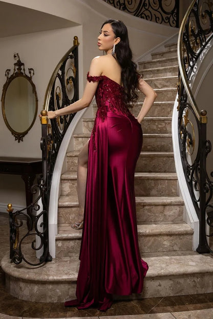 Burgundy Mermaid Off Shoulder Corset Side Train Slit Prom Gown