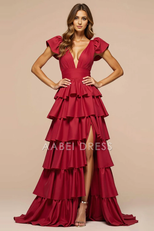 AABEI DRESS Hot Sale Prom Dress Elegant A Line Deep V Neck Ruffles Tiers Fashion Long Formal Dress