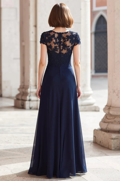 Elegant Navy A-Line Round Neck Cap Sleeve Chiffon with Appliques Retro Long Wedding Guest Dress For Women New Style Mother of the Bride Dress