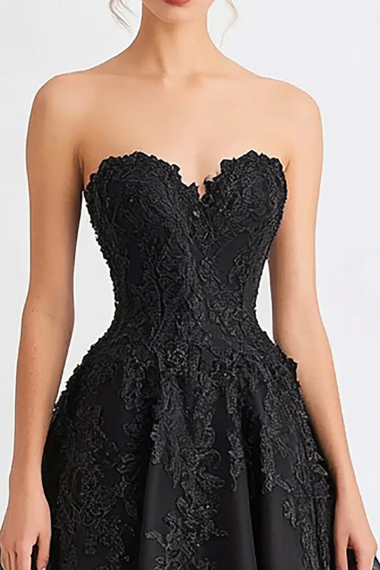 Exquisite Black Tulle A Line Strapless Sweetheart Neckline Lace Applique Long Formal Dress Hot Sale Evening Dresses