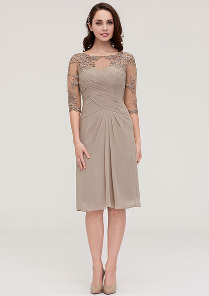 Elegant Wedding Guest Dresses Chiffon Sheath/Column Boat Neck Half Sleeve Pleated Lace Appliqued With Jacket Two-Piece Knee-Length Bargain Mother of the Bride Dress