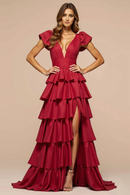 AABEI DRESS Hot Sale Prom Dress Elegant A Line Deep V Neck Ruffles Tiers Fashion Long Formal Dress