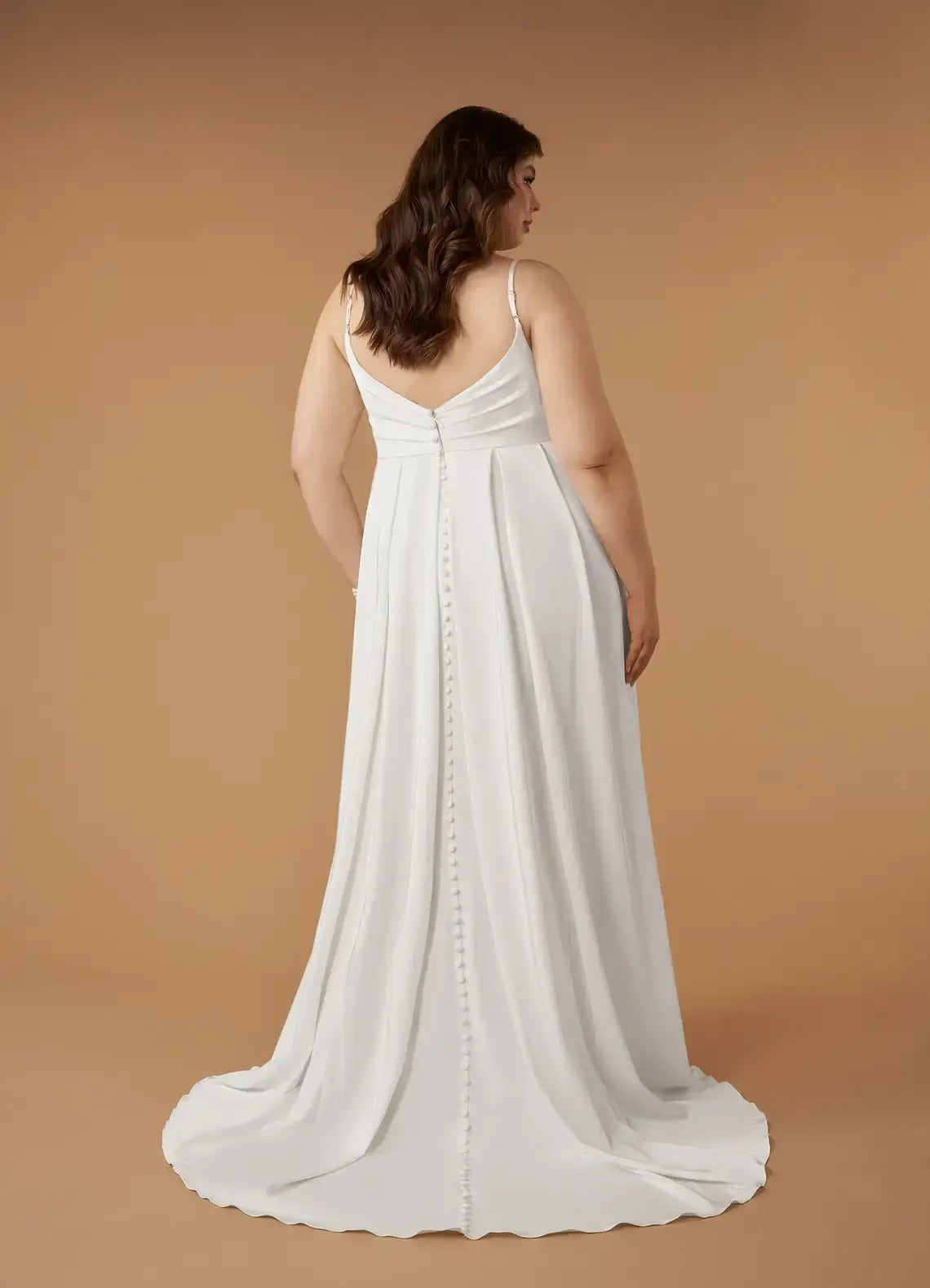 Elegant Simple White A-Line Spaghetti Strap Scoop Pleated Crepe Back Side Fork Backless Plus Size Hot Sale Wedding Dress
