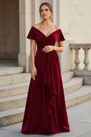 Wedding Guest Dress Burgundy Satin A Line V-Neck Short Sleeve Tiers Ruffles Elegant Hot Sale Long Mother of the Bride Dress