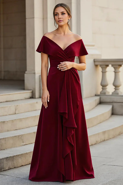 Wedding Guest Dress Burgundy Satin A Line V-Neck Short Sleeve Tiers Ruffles Elegant Hot Sale Long Mother of the Bride Dress