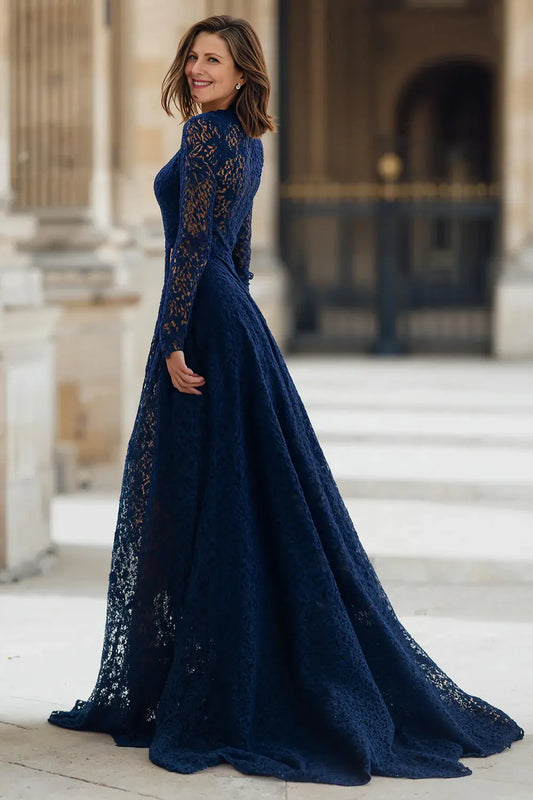 Exquisite Navy A-Line High Neck Lace with Sleeves Retro Long Wedding Guest Dress For Women Hot Sale Mother of the Bride Dress