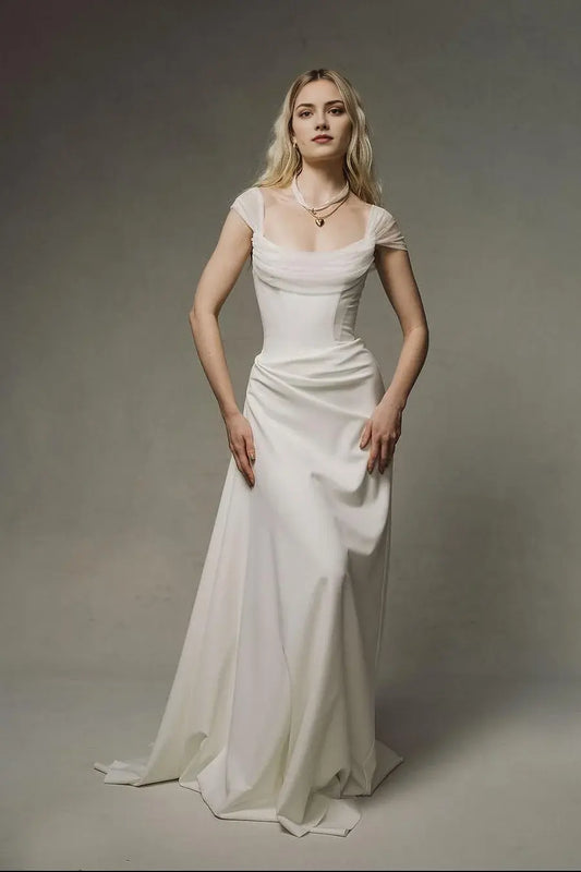 Formal Women's Dresses Satin Elegant A Line Square Neck Cap Sleeve With Pleated Long Affordable Prom Dress