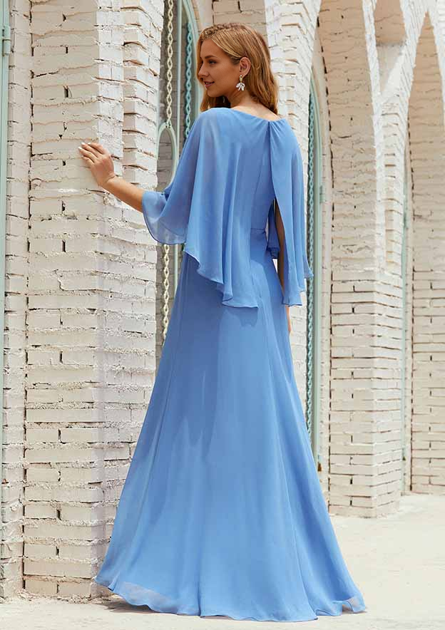 Fashion Wedding Guest Dresses Blue Chiffon A-line Scoop Neck Cape Sleeve Floor-Length Bargain Mother of the Bride Dress
