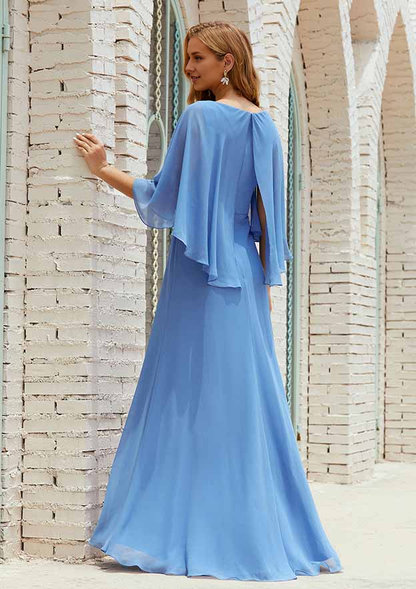 Fashion Wedding Guest Dresses Blue Chiffon A-line Scoop Neck Cape Sleeve Floor-Length Bargain Mother of the Bride Dress