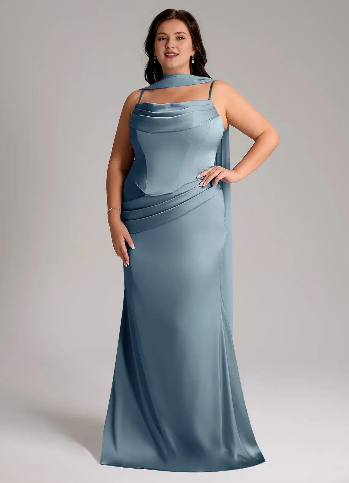 Wedding Guests Dresses Dusty Blue Mermaid Detachable Spaghetti Strap Cowl Sleeveless Pleated Backless With Scarf Modern Plus Size Formal Dress Discount Hot Sale Prom Dress