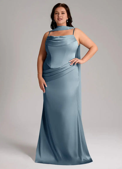 Wedding Guests Dresses Dusty Blue Mermaid Detachable Spaghetti Strap Cowl Sleeveless Pleated Backless With Scarf Modern Plus Size Formal Dress Discount Hot Sale Prom Dress