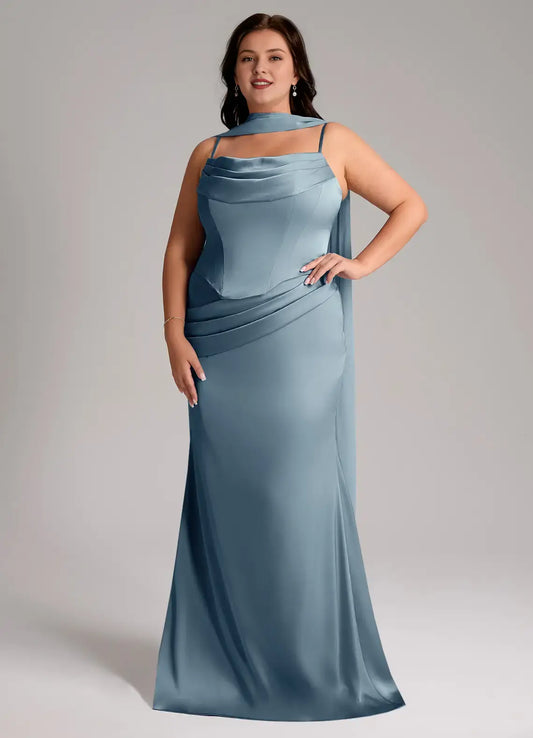 Wedding Guests Dresses Dusty Blue Mermaid Detachable Spaghetti Strap Cowl Sleeveless Pleated Backless With Scarf Modern Plus Size Formal Dress Discount Hot Sale Prom Dress
