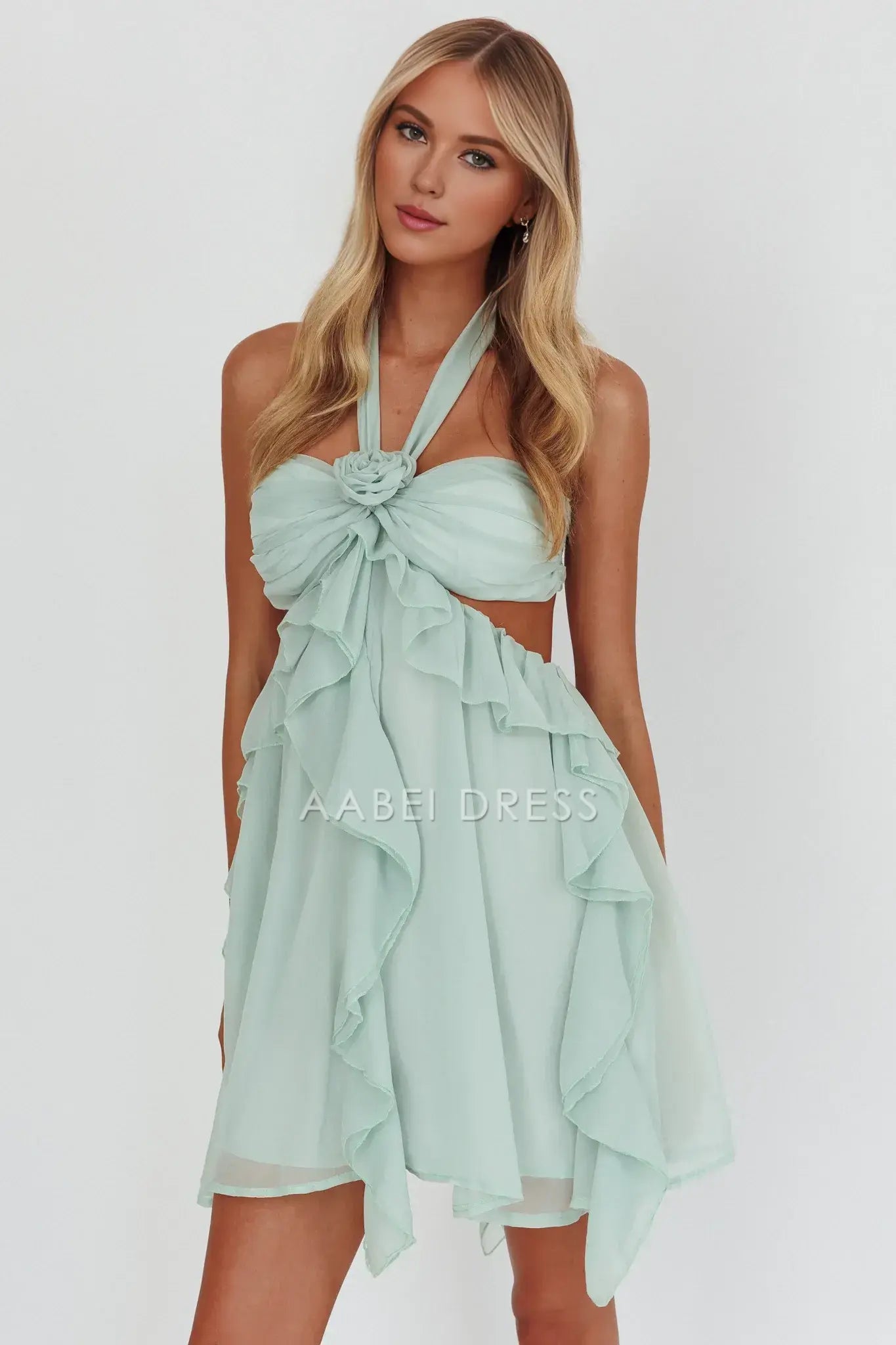 Elegant A Line Halter Cut-Out Ruffle Backless Sage Cute Mini Dress Hot Sale Homecoming Dress