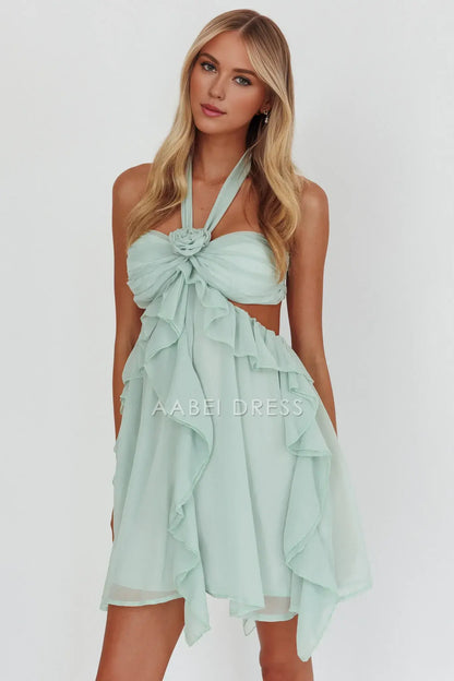 Elegant A Line Halter Cut-Out Ruffle Backless Sage Cute Mini Dress Hot Sale Homecoming Dress