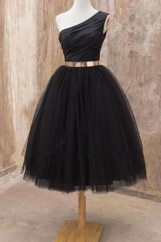 AABEI DRESS Homecoming Dress A Line One Shoulder Tulle Tea Length Belt Short Elegant Prom Dress