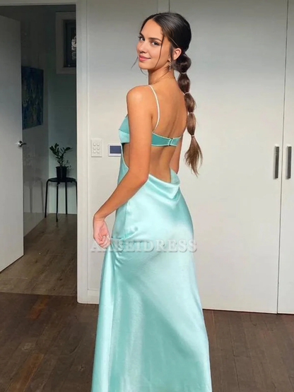 Evening Dress Spaghetti Straps Sheath Prom Dress Satin Party Dress Backless Simple Formal Women's Dresses