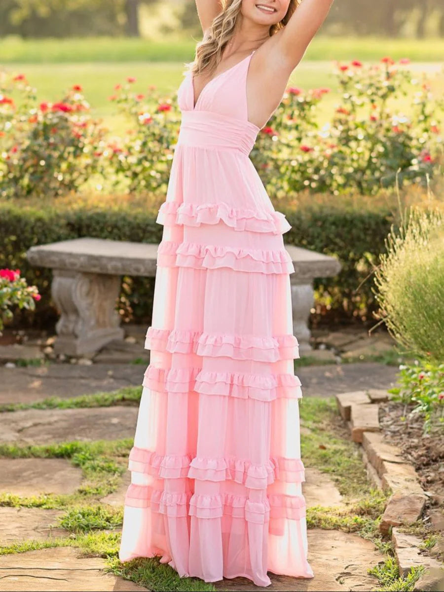 Pink Chiffon Exquisite A Line Spaghetti Strap Deep V Neck Backless Tiered Ruffles Cute Wedding Guest Dress Long Hot Sale Prom Dresses