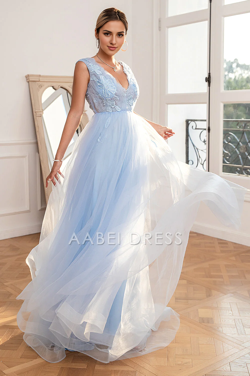AABEI DRESS Hot Sale Prom Dress A Line Deep V Neck Sleeveless Backless Appliques Fantastic Long Party Dress