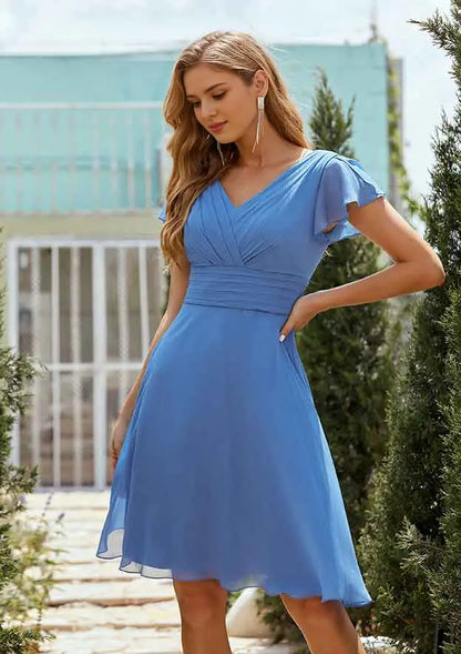 Classic Blue Chiffon A-line V Neck Flutter Short Sleeve With Pleated Affordable Short Bridesmaid Dress