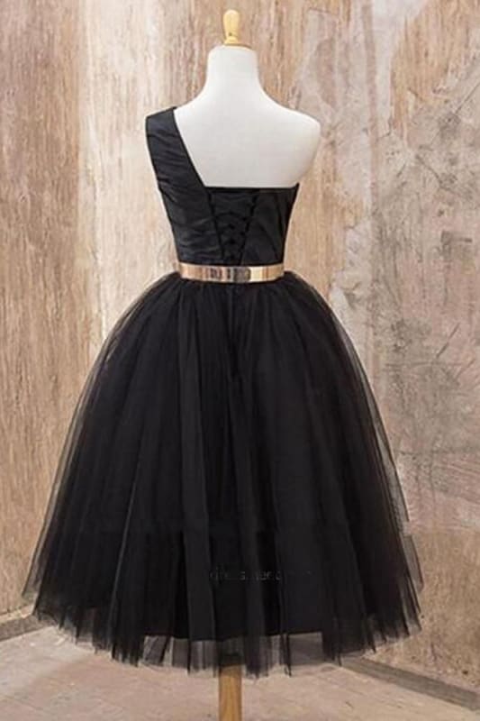 AABEI DRESS Homecoming Dress A Line One Shoulder Tulle Tea Length Belt Short Elegant Prom Dress