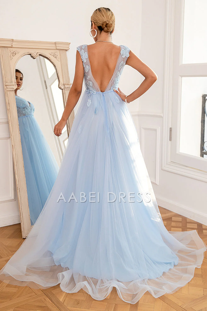 AABEI DRESS Hot Sale Prom Dress A Line Deep V Neck Sleeveless Backless Appliques Fantastic Long Party Dress