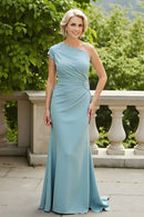 Light Blue Sheath One Shoulder Sleeveless with Lace Appliques Pleated Waist Elegant Long Wedding Guest Dress Hot Sale Mother of the Bride Dresses