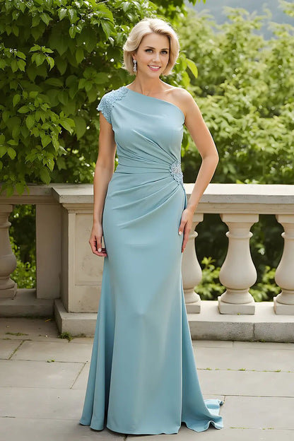 Light Blue Sheath One Shoulder Sleeveless with Lace Appliques Pleated Waist Elegant Long Wedding Guest Dress Hot Sale Mother of the Bride Dresses
