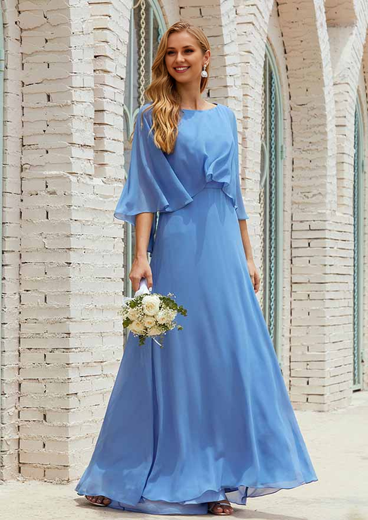 Sky Blue Chiffon A-Line Boat Neck Back Zip Floor-Length Dress