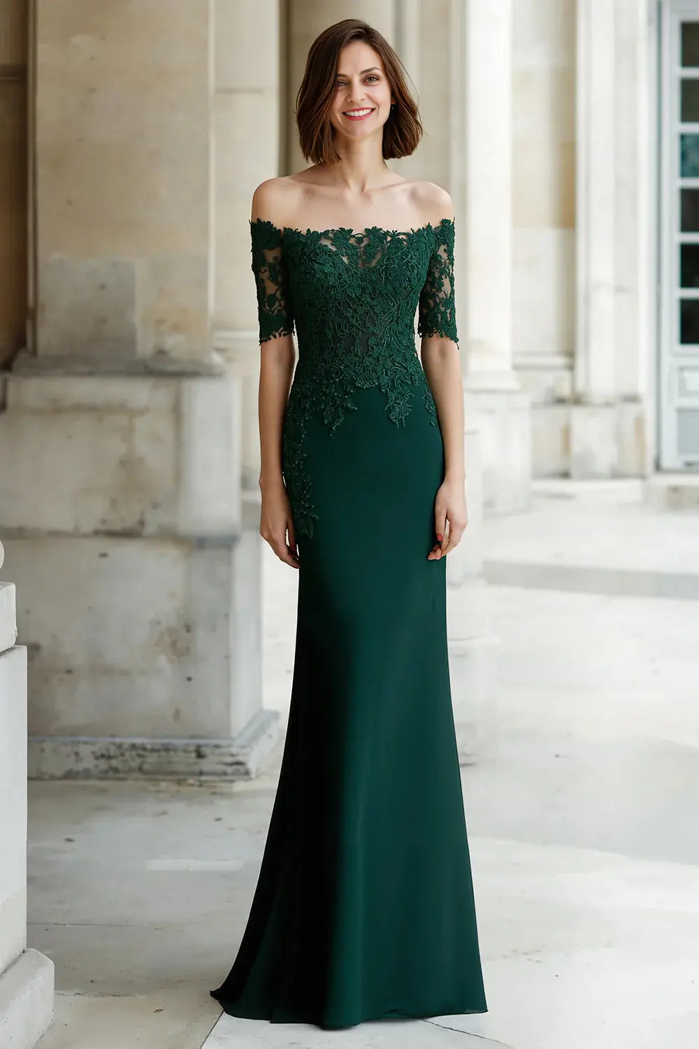 Elegant Pine Green Mermaid Off the Shoulder with Lace Appliques with Sleeves Retro Long Wedding Guest Dress For Women Hot Sale Mother of the Bride Dress