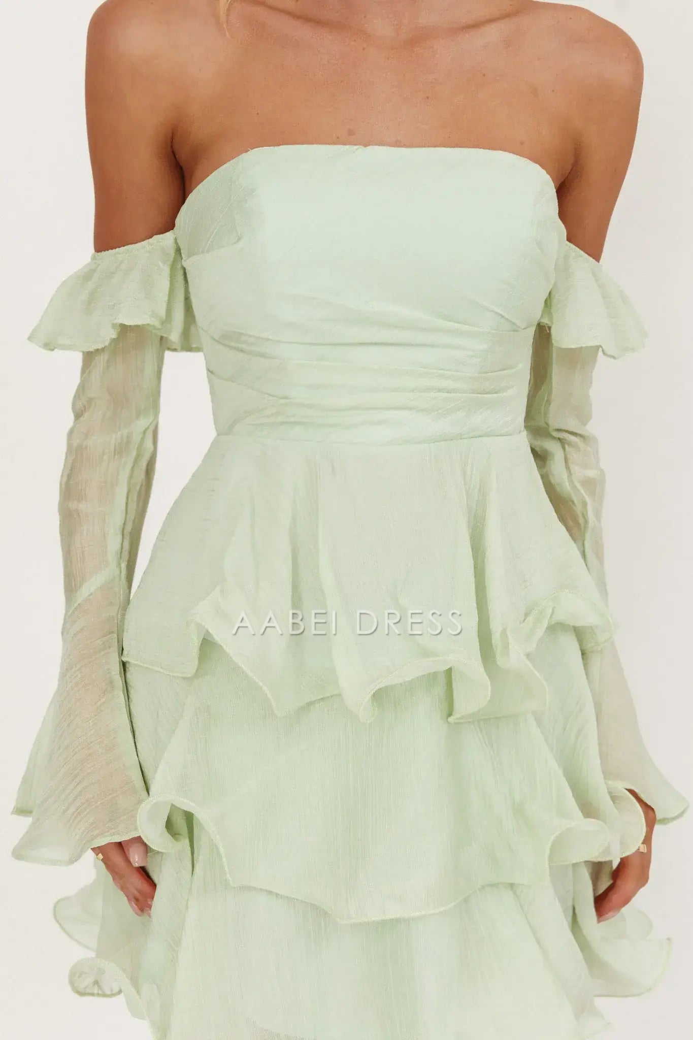 A Line Off-Shoulder Long Sleeves Layered Ruched Sage Exquisite Mini Dress Hot Sale Homecoming Dress