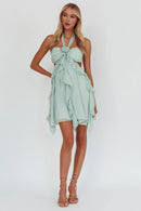 Elegant A Line Halter Cut-Out Ruffle Backless Sage Cute Mini Dress Hot Sale Homecoming Dress