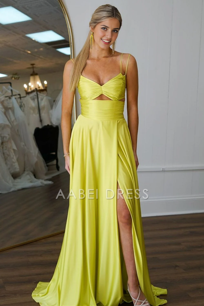 AABEI DRESS Hot Sale Prom Dress Cute A-Line Spaghetti Straps Pleated Long Satin with High Slit Elegant Simple Formal Dress