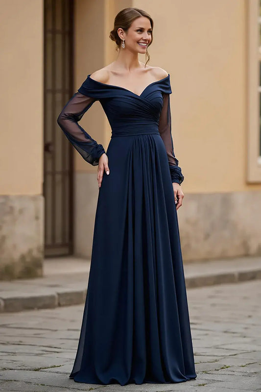 Wedding Guest Dress Navy A Line V Neck Chiffon Long Sleeves Ruched Elegant Simple Hot Sale Long Mother of the Bride Dress