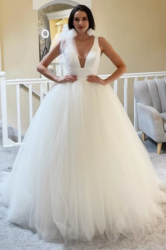 AABEI DRESS Exquisite Romantic Charming Wedding Dress Tulle Plunge Deep V Open Back Ball Gown with Bow Formal Dresses
