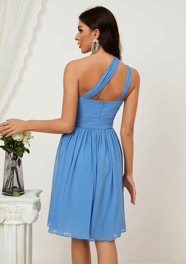 Classic Blue Chiffon A-line One-Shoulder Sleeveless Pleated Backless Affordable Knee-Length Bridesmaid Dress
