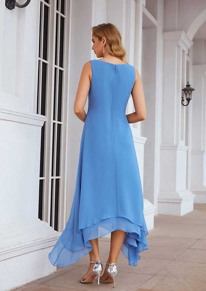 Elegant Simple Wedding Guest Dresses Blue Chiffon A-line V Neck Sleeveless Asymmetrical With Short Sleeve Jacket Two-Piece Long Bargain Mother of the Bride Dress
