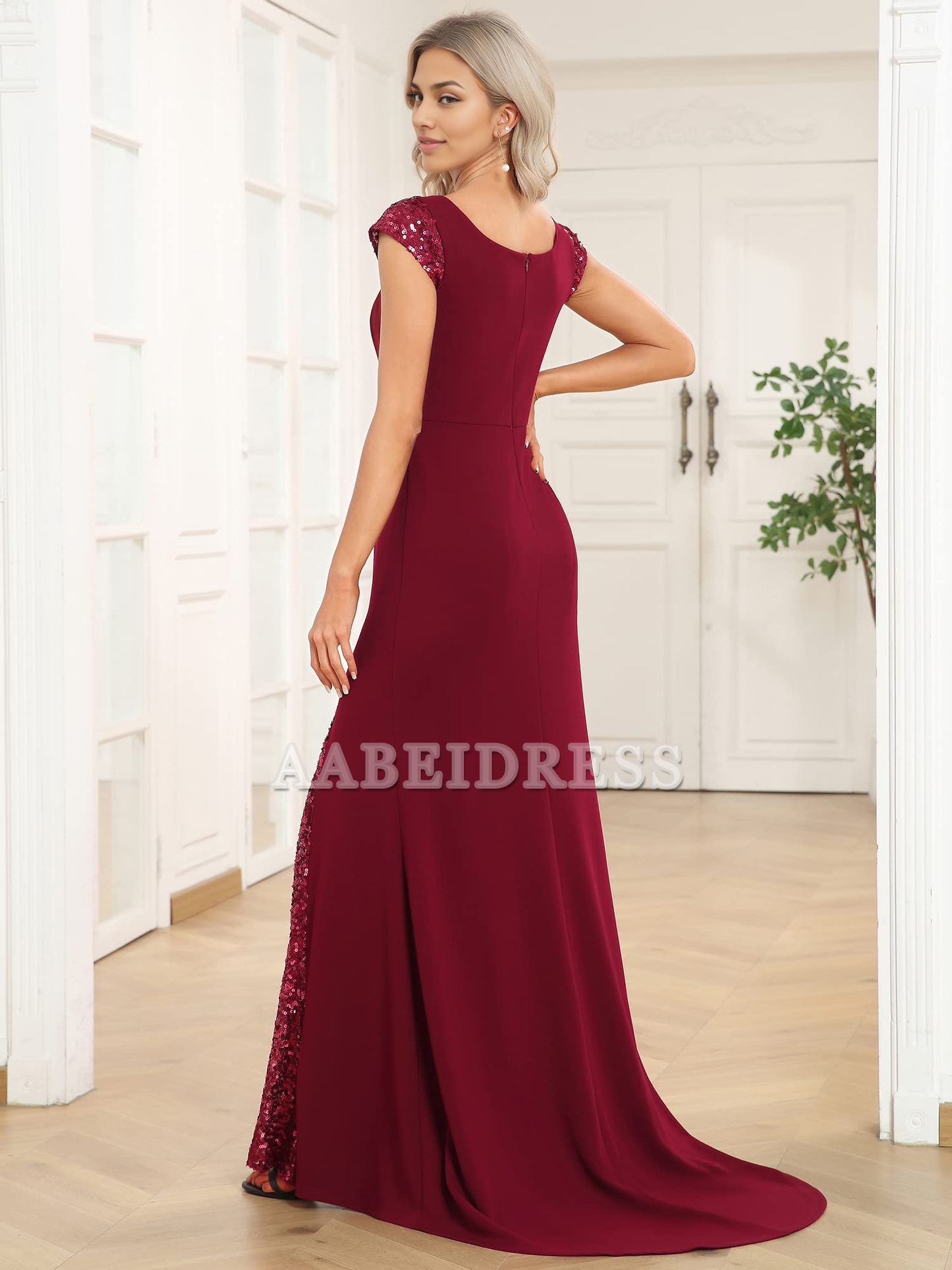 Prom Dress V-Neck Cap Sleeves Sequin Mermaid Floor-Length Evening Dresses Elegant Wedding Guest Dresses Formal Wear Dresses