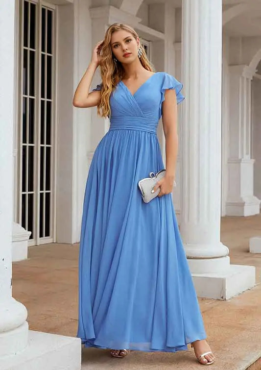 Elegant Blue Chiffon Flowing A-line V Neck Short Sleeve With Pleated Backless Affordable Floor Length Bridesmaid Dress