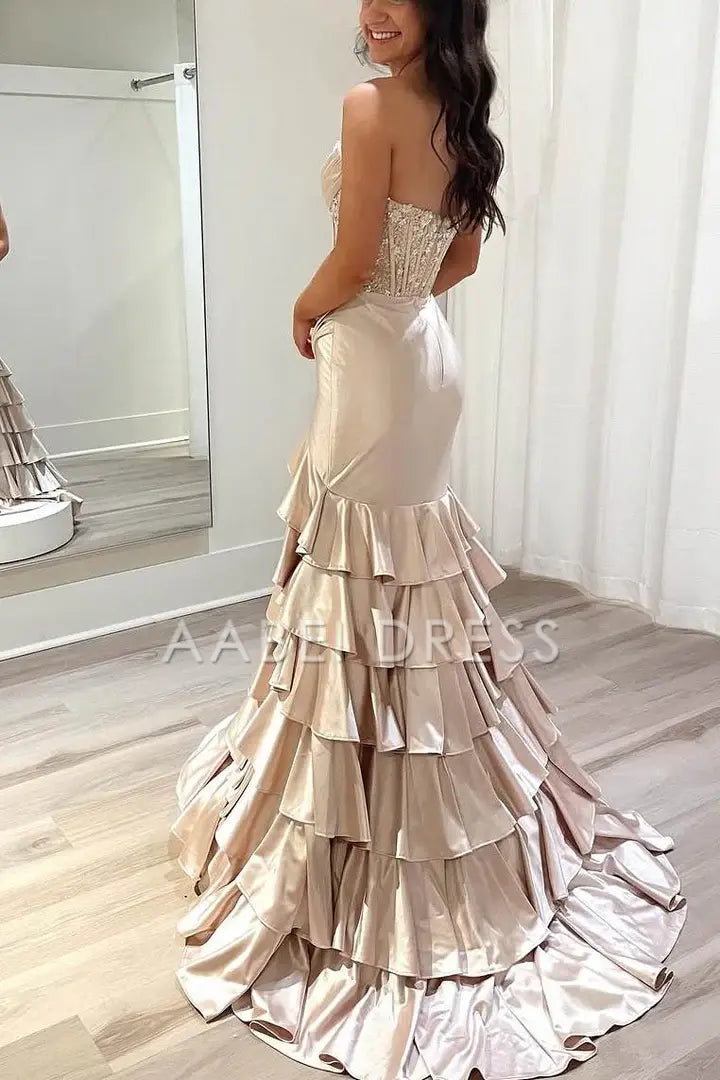 AABEI DRESS Prom Dress Strapless Scoop Layered Pleated Mermaid Side Fork Elegant Formal Dress