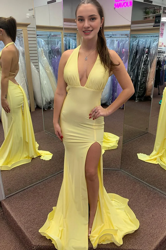 AABEI DRESS Prom Dress Charming Mermaid Halter Kntting Backless Satin Side Fork Long Fashion Formal Dress