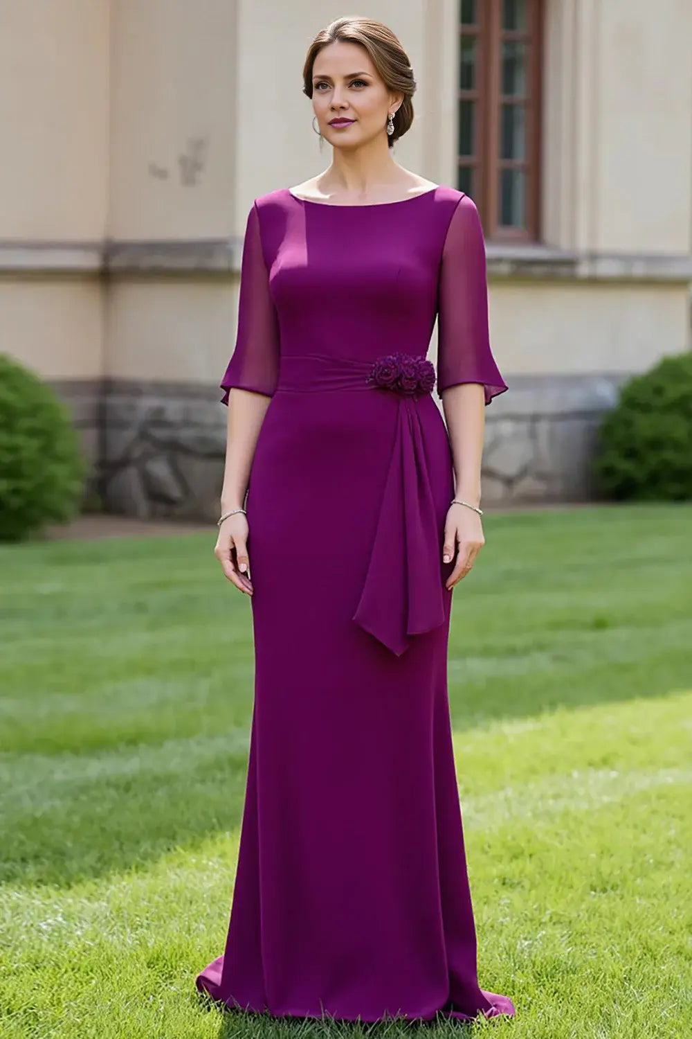 Wedding Guest Dress Grape Mermaid Boat Neck 1/2 Sleeve 3D Floral Elegant Hot Sale Long Mother of the Bride Dress