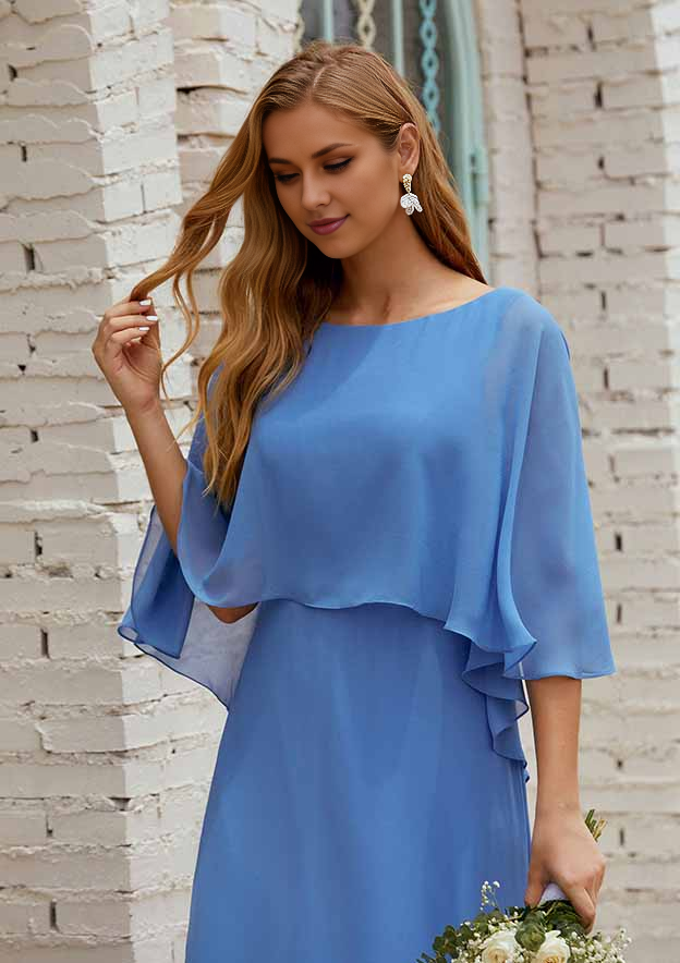 Fashion Wedding Guest Dresses Blue Chiffon A-line Scoop Neck Cape Sleeve Floor-Length Bargain Mother of the Bride Dress