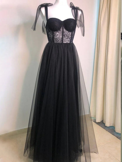 Black Lace A-line Corset Sweetheart Neckline Tulle Sleeveless Exquisite Wedding Guest Dress Long Hot Sale Prom Dresses