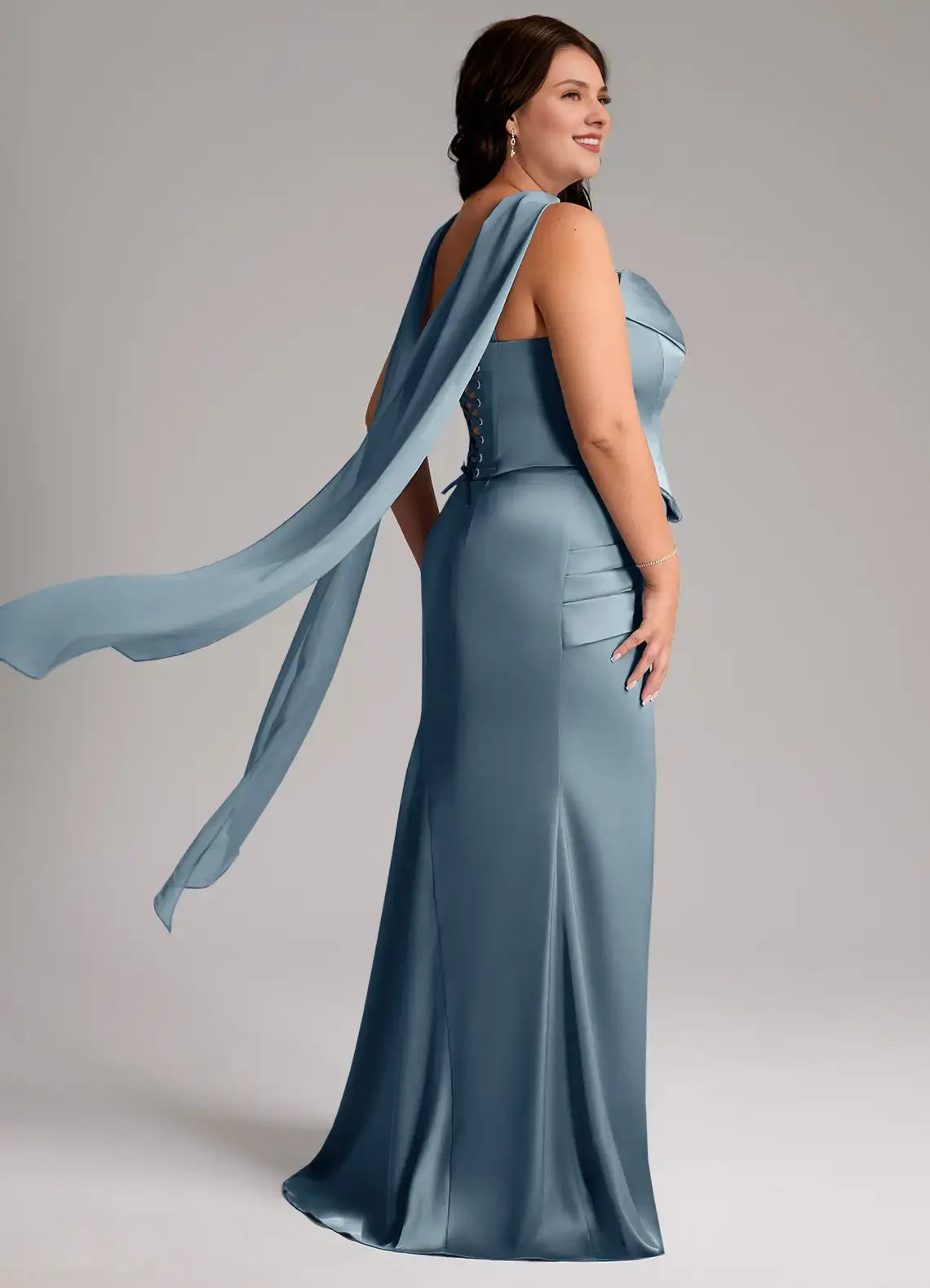 Wedding Guests Dresses Dusty Blue Mermaid Detachable Spaghetti Strap Cowl Sleeveless Pleated Backless With Scarf Modern Plus Size Formal Dress Discount Hot Sale Prom Dress