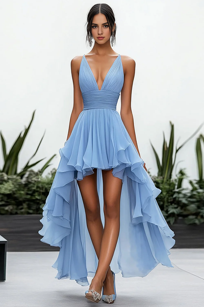 AABEI DRESS Hot Sale Prom Dress A Line Deep V-Neck High-Low Chiffon Ruched Fashion Formal Dress