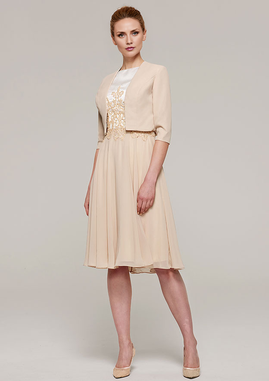 Champagne Chiffon A-Line Boat Neck Back Zip Knee-Length Dress