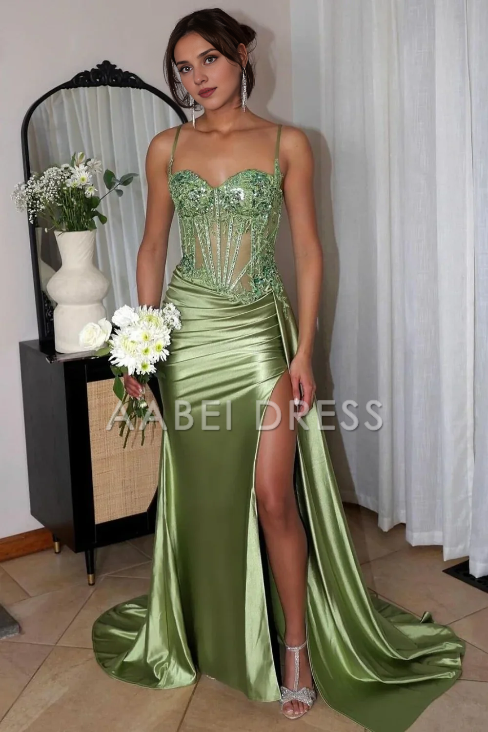 AABEI DRESS Prom Dress Stunning Mermaid Spaghetti Straps Pleated Long Glitter High Slit Luxurious Formal Dress