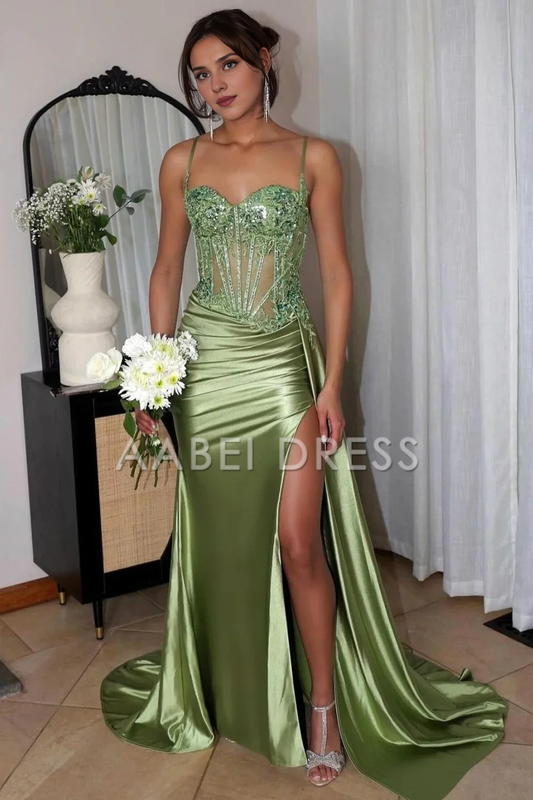 AABEI DRESS Prom Dress Stunning Mermaid Spaghetti Straps Pleated Long Glitter High Slit Luxurious Formal Dress