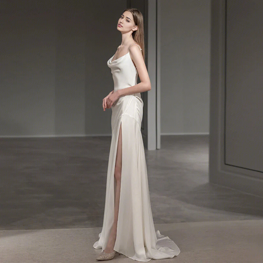 Wedding Dress French Spaghetti Strap Satin V Back Side Fork Elegant Simple Long Formal Wear Dresses