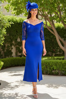 Elegant Royal Blue Satin Sheath Off The Shoulder V Neck Lace 3/4 Long Sleeve V Back with Slit Charming Long Wedding Guest Dress Hot Sale Mother of the Bride Dresses